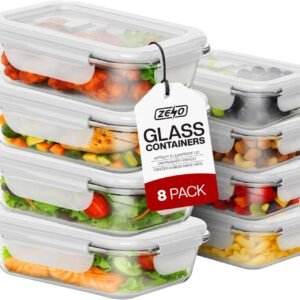 ZENO Glass Containers with Lids 8 Pack | Meal Prep Containers | Glass Food Container with Lid, Airtight Seal, Leakproof Lid | Dishwasher Safe | Freezer & Microwave Safe | 4 X 1050ml + 4 X 370ml